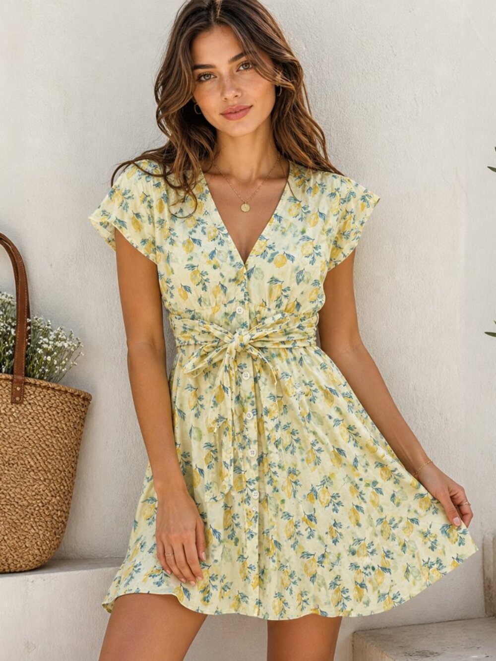 Marine Layer Lemon Print Mini Dress Tie Waist Button Front Small Vacation